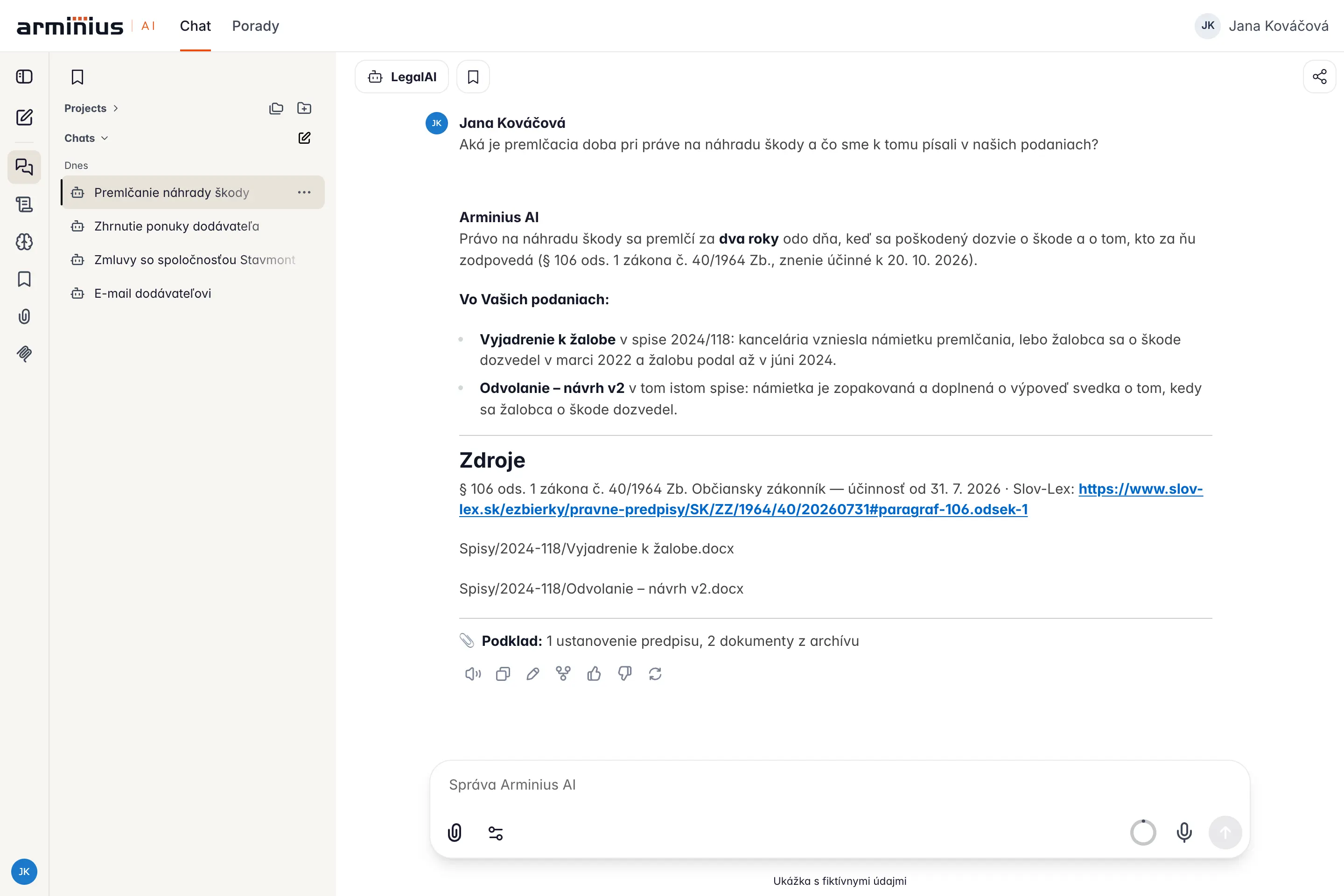 Arminius Legal: an answer on the limitation period for damages citing section 106 of the Slovak Civil Code, two filings from a case file and a list of sources.