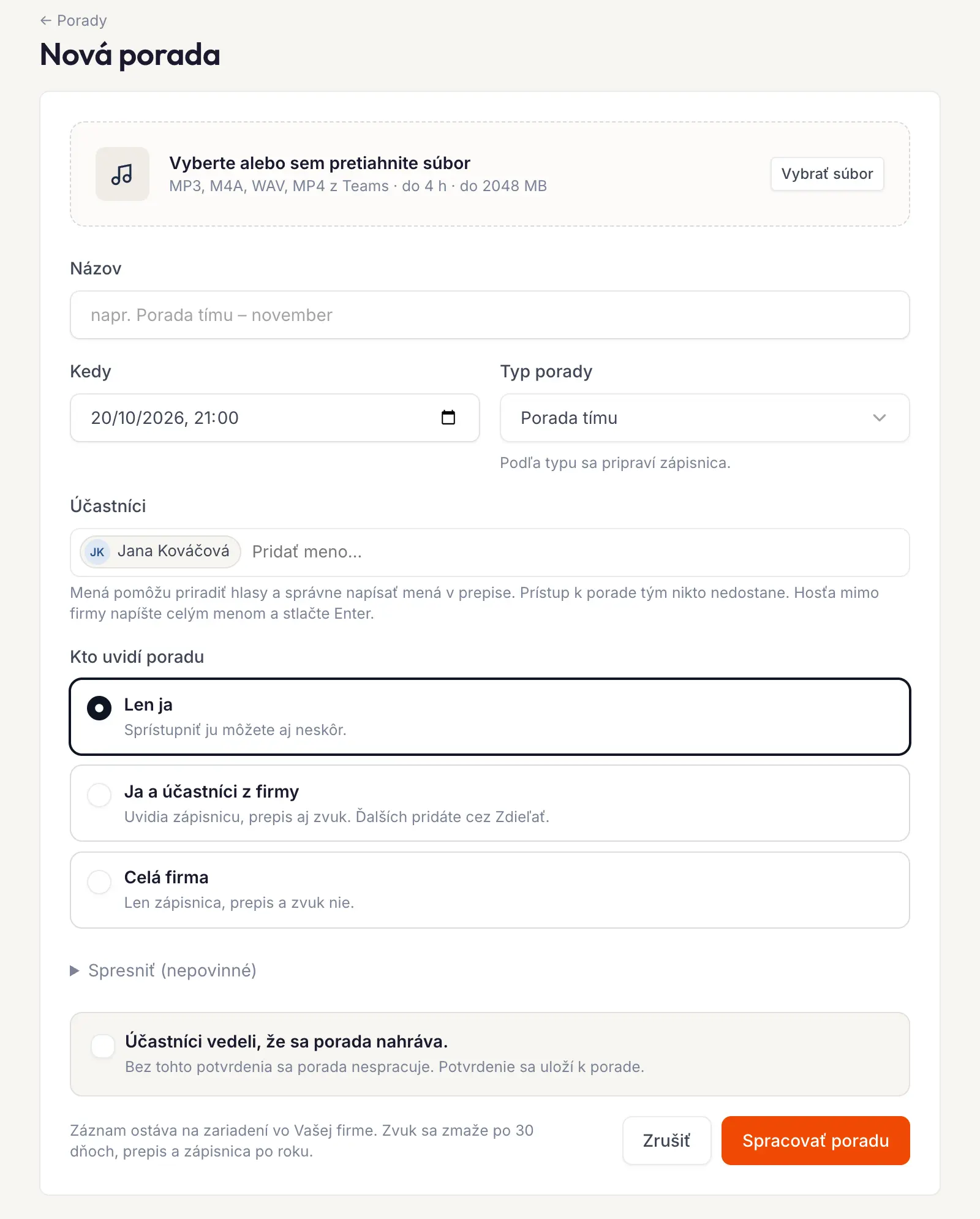 New meeting form: file, meeting type, participants, who will see the meeting and the recording confirmation.