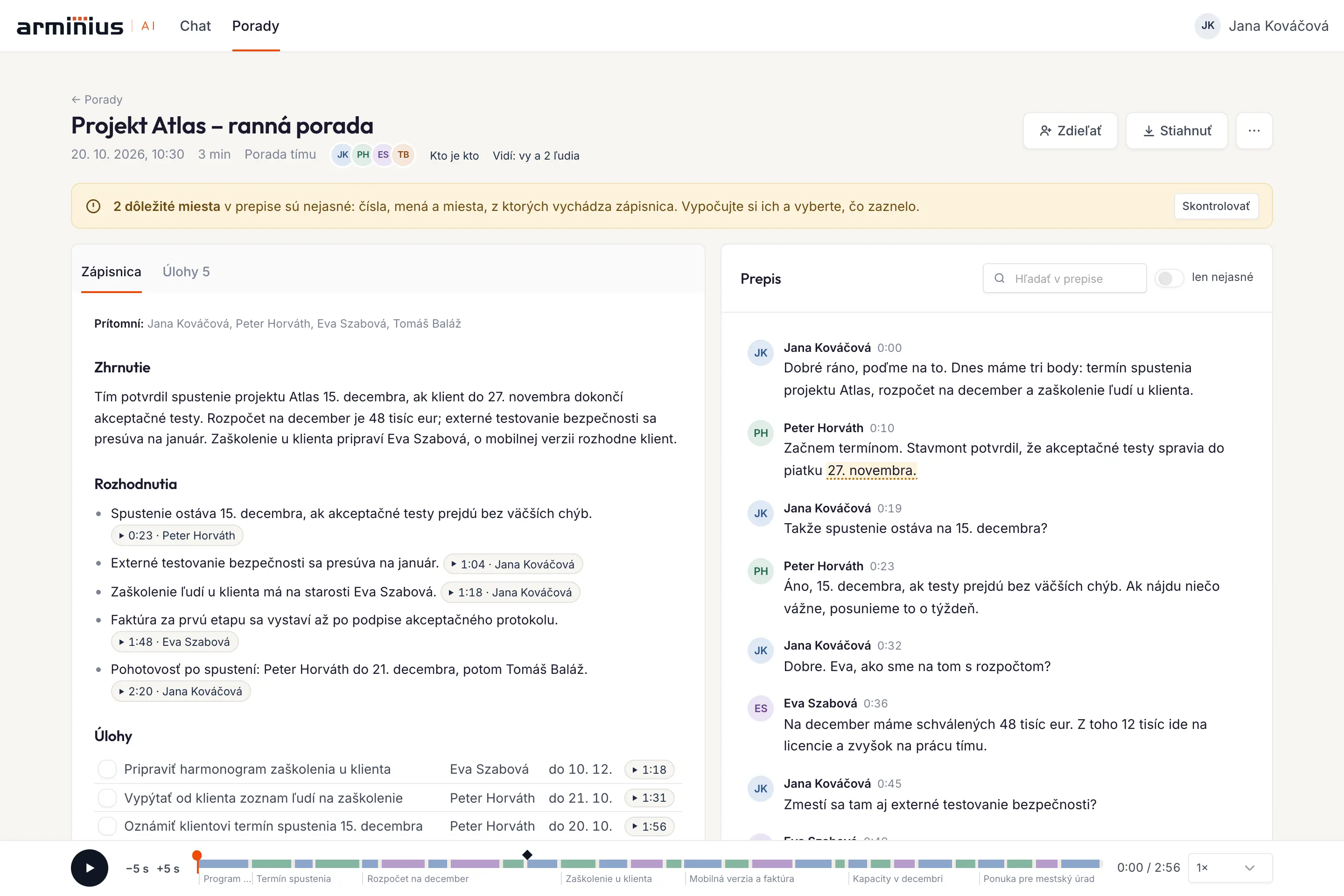 The Projekt Atlas meeting: minutes with decisions and tasks next to the transcript with names, a player with a topic timeline below.
