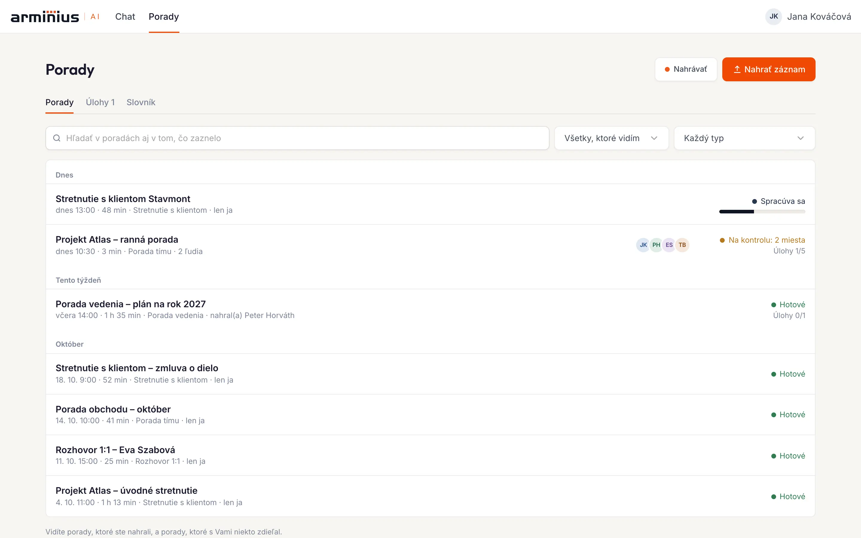 List of meetings with search, processing status, unclear spots to review and number of tasks.